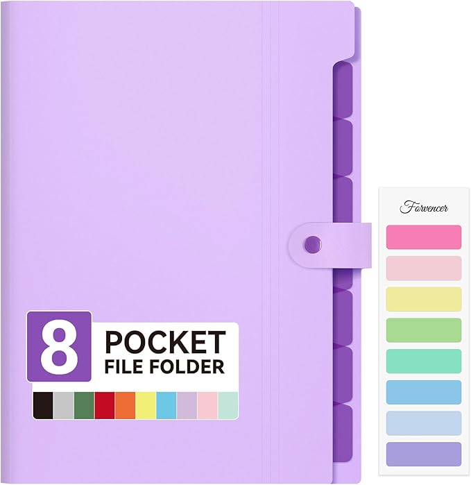 Forvencer Expanding File Folder with 8 Pocket, Letter Size Accordion File Organizer, Portable Folders for Documents, Cute Paper Organizer, Filling Products for School Office Supplies, A4 Size, Purple