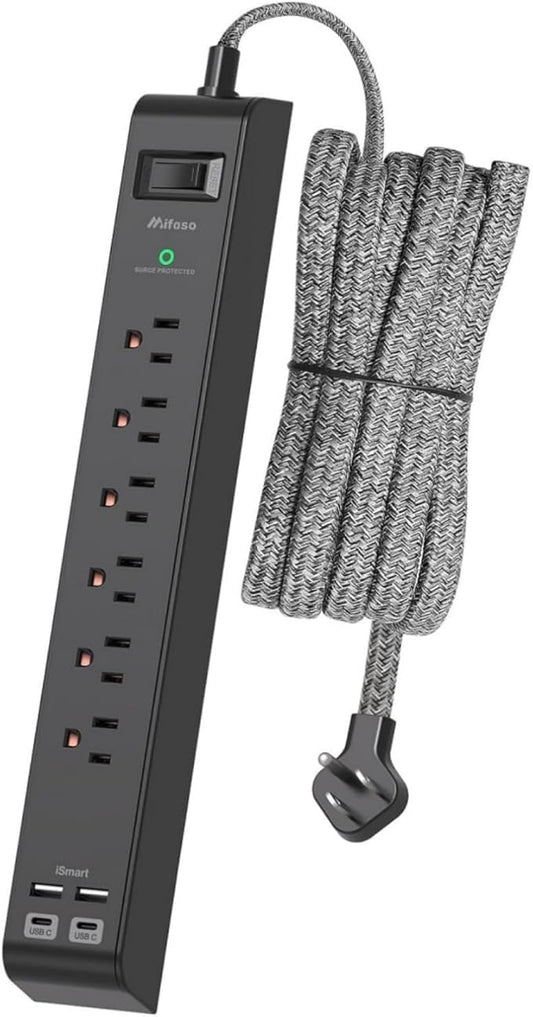 Flat Plug Extension Cord 25FT, Surge Protector Power Strip with 2 USB A Ports 2 USB-C 6 AC Outlets, USB Charging Station, Wall Mountable for Home, Office, Dorm Essentials, 1080J, ETL Listed, Black
