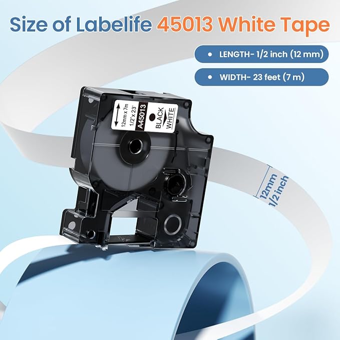 45013 Replace for DYMO D1 Label Tape 1/2 Inch x 23Ft A45013 Black on White 45013s S0720530 Label Maker Refills Compatible with Dymo Labelmanager 160 LM 280 210D 360D 420P, 5-Pack