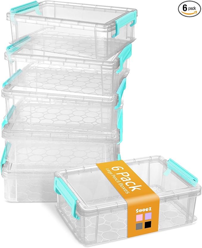 Sooez 6 Pack Extra Large Pencil Box, Plastic Pencil Case Crayon Box Bulk, Clear Marker Organizer Plastic Containers with Lid, Stackable Storage Boxes for Craft, Pen, Art, School Supply, Blue