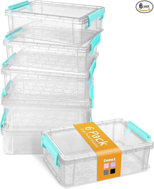 Sooez 6 Pack Extra Large Pencil Box, Plastic Pencil Case Crayon Box Bulk, Clear Marker Organizer Plastic Containers with Lid, Stackable Storage Boxes for Craft, Pen, Art, School Supply, Blue