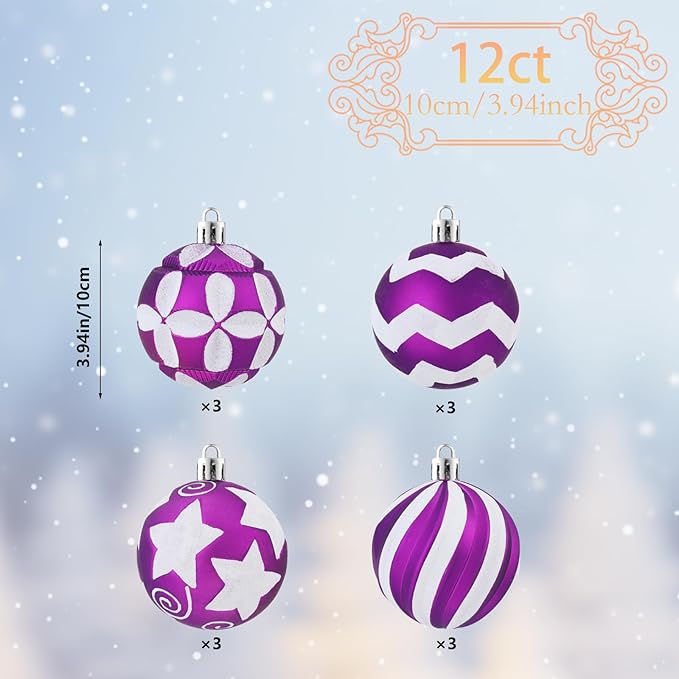 Large Purple White Christmas Ornaments for Tree, 12Pcs Shatterproof Christmas Bulbs Ornaments, 4 Inch Big Hanging Balls Decorations for Xmas Trees Parties Malls (Purple & White)