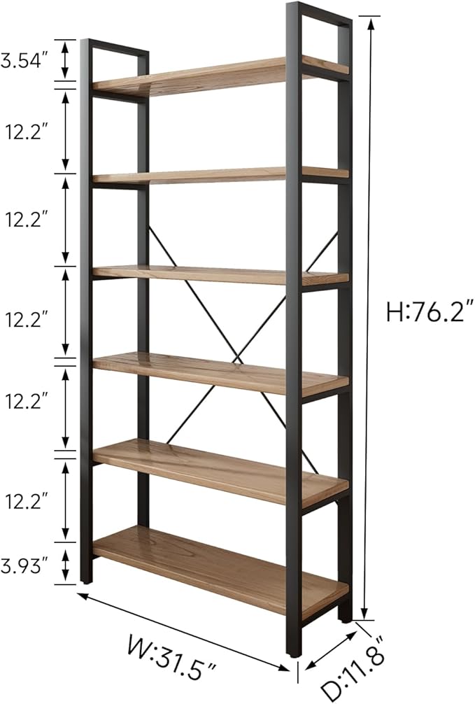 Real Solid Wood Rustic Vintage Industrial Etagere Bookshelf, Metal & Timber Free Vintage Bookcase, Retro Brown (Genuine Timber) (6-Tiers-RawWood)