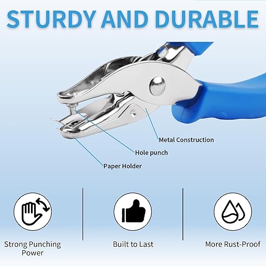 Single Hole Punch, 2 Pcs Hand Hole Puncher with Soft Grip Handle, 1/4" and 1/8" Small Hole Paper Punch for Crafts, Scrapbooks, 6 Sheets Capacity, Tags, Tickets - Blue