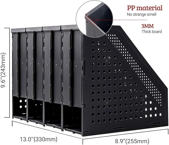 SAYEEC Collapsible Magazine Holder Plastic Desktop 4 Compartment File Rack Magazine Organizer Vertical File Divider Sorter Storage Document Organizer for Office Home School Black