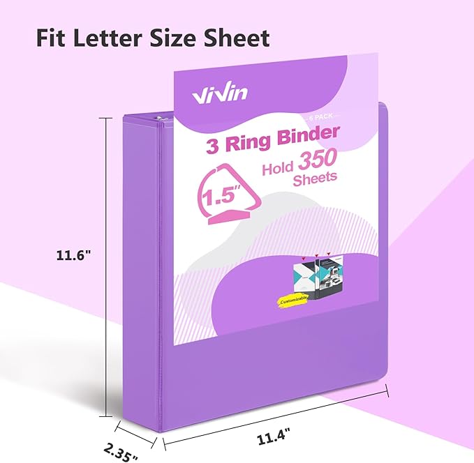 ViVin Sturdy 1.5 Inch 3 Ring Binder with Pockets, Slant-D Ring, PVC-Free, Customizable Clear View Binder,Holds 350 Sheets of 8.5" x 11" Paper,6 Pack (Purple)