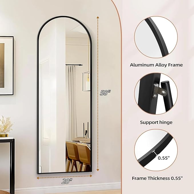 Arched Full Length Mirror with Stand, 57"x20" Free-Standing Leaning Wall-Mounted Mirrors, Elegant Body Mirror for Living Room, Bedroom & Cloakroom, Black