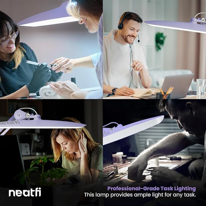 Neatfi XL 2,200 Lumens LED Task Lamp, 20W, 182 Pcs SMD LED, Dimmable, 4 Level Brightness, 3 Light Modes, Desk Light for Home, Office, Workbench (CCT, Lavender)