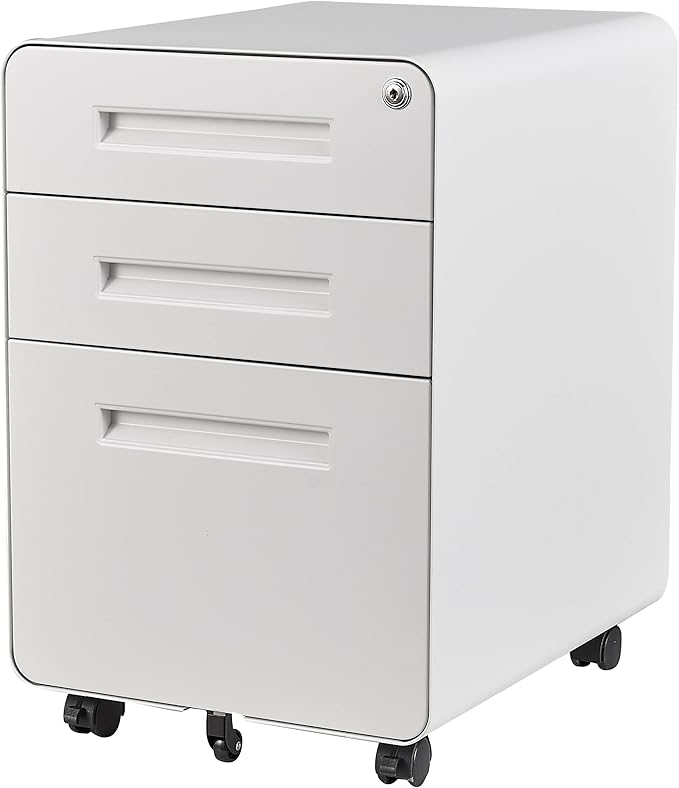 3 Drawer File Cabinet with Lock,Under Desk File Cabinet,White Rolling File Cabinets,Three Drawer Filing Cabinets for Home Office with Wheels,Fit A4/Letter/Legal File,Fully Assembled Except Casters