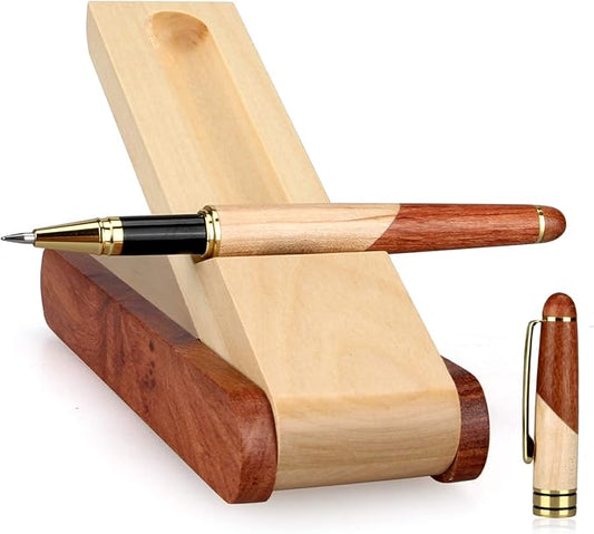 Best Wooden Gel Pen Gift Set with Handmade Rollerball Designer Pen Holder Box and Refills, Business Ballpoint Pen with Fancy Journaling Pen Display Case
