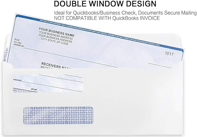#8 Double Window Security Check Envelopes, No.8 Double Window Bussiness Envelopes Designed for QuickBooks Checks - Computer Printed Checks - 3 5/8 X 8 11/16 (NOT for INVOICES) - 24 LB - 500 PACK