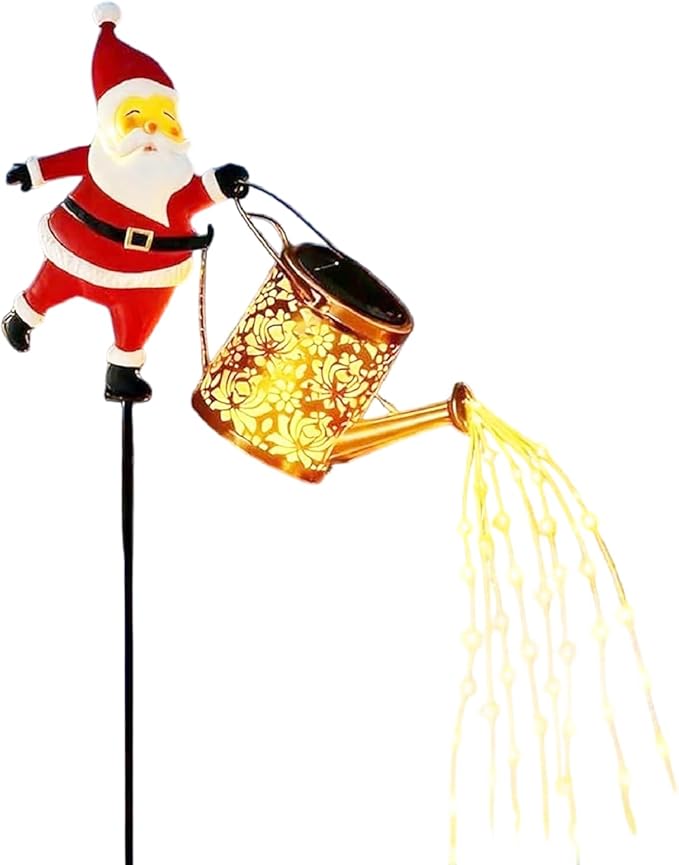 Solar Christmas Lights Outdoor, Waterproof Hanging Metal Watering Can Light Solar Christmas Decorations, Santa Solar Kettle Lights Holiday Displays for Garden Patio Path Yard Lawn