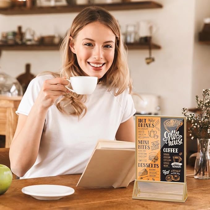 Acrylic Sign Holder 5x7 Gold Display Stand, Clear and Stable Table Plastic Paper Holder, Acrylic Frames for Home Office Shop Photo Frames Exhibition (6pcs)