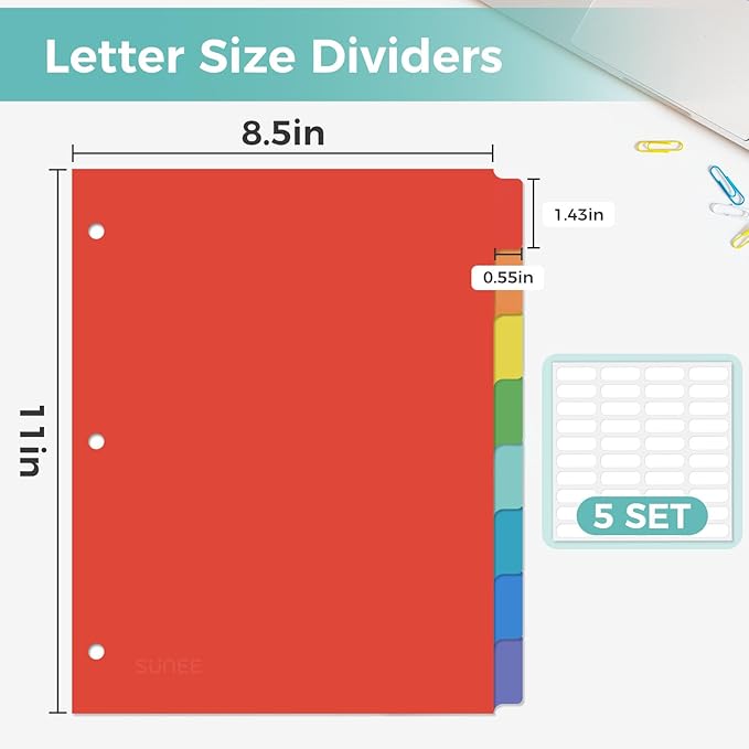 SUNEE 8 Tab Binder Dividers,Plastic Dividers for 3 Ring Binder,3 Ring Binder Dividers with Tabs for School Office Home Supplies,Bright Color, 5 Set