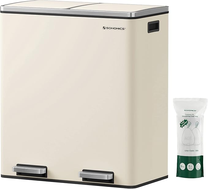 SONGMICS Trash Can, 2 x 8 Gallon (2 x 30 L) Garbage Can for Kitchen, with 15 Trash Bags, 2 Compartments, Plastic Inner Buckets and Hinged Lids, Airtight, Almond Color ULTB201A01