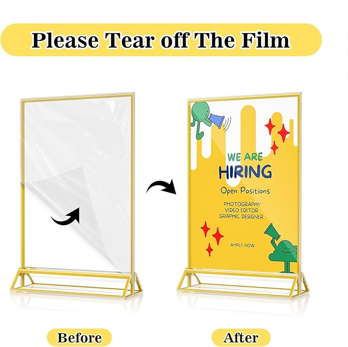 5 x 7 Acrylic Sign Holder - Double Sided Gold Picture Frame - Tabletop Display Menu Stand - Clear Plastic T Shape Vertical Paper Holders - 6 Pack