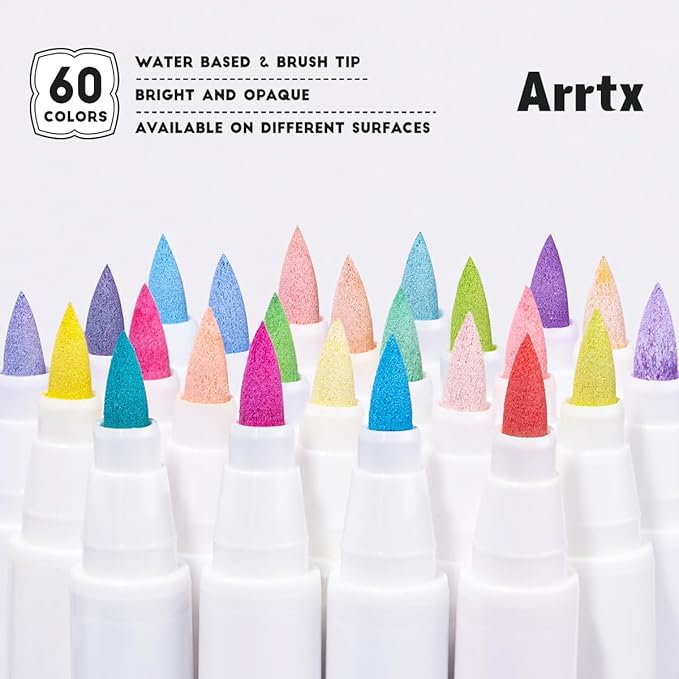 Arrtx Paint Markers Paint Pens 60 Colors, Acrylic Pens for Artists Adults Coloring Drawing Cartoon Anime Comic - Brush Tip for Rock, Wood, Canvas, DIY Crafts Making Art Supplies