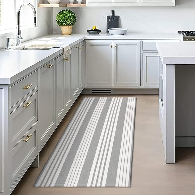 OJIA Christmas Front Door Rug 24''x51'' Gray and White Striped Outdoor Rug Machine Washable Porch Rug Front Door Mat Outdoor Indoor Area Rugs Cotton Woven Entry Mat for Home Entrance/Farmhouse