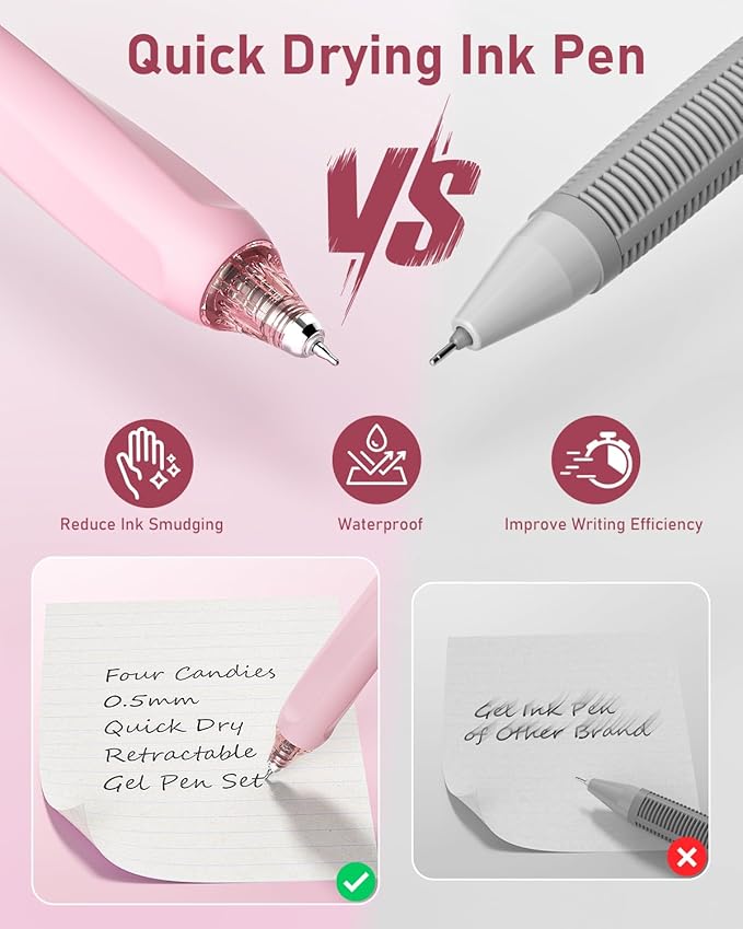 Four Candies 14Pack Pastel Gel Ink Pen Set,Cute Retractable 0.5mm Fine Point Pen,Note Taking Aesthetic Pens,12 Pack Black Ink Pens with 2Pack Highlighter, Smooth Writing Pens for School, Office (Pink)