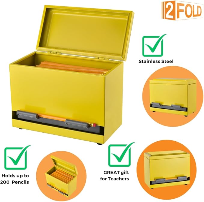 2Fold Pencil Dispenser for Classroom - Stainless Steel Bulk Pencil Holder for Desk - Includes Removable Label Stickers - Teacher Must Haves for Organization - Holds up to 200 Pencils (Yellow)
