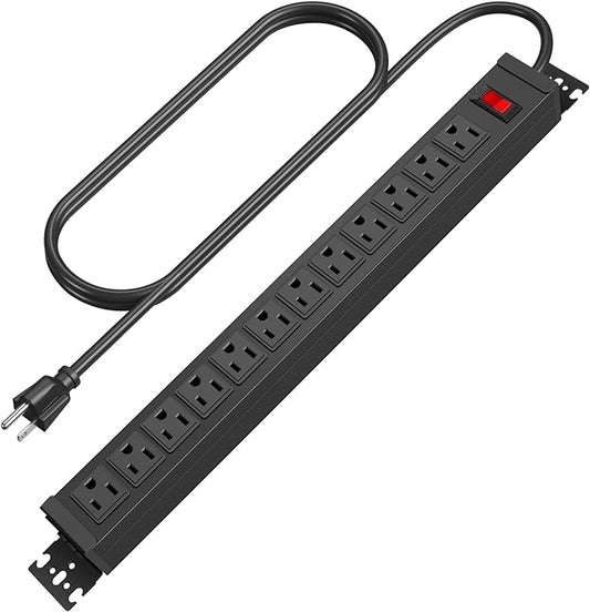 HHSOET Rotating Mountable Power Strip, 12 Outlet Wall Mount Surge Protector, Metal Heavy Duty and Versatile Outlet Strip, Stylish Appearance, Sturdy and Durable, 3ft Power Cord.(Black)