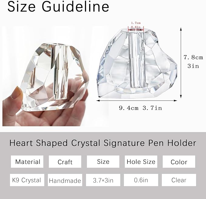 QFkris Crystal Heart Shaped Single Pen Holder for Desk, 3.5" Fancy Fountain Pen Stand, Glass Feather Pencil Holder for Office Desktop Decoration, Gift for Man Woman Students Teachers Father Boyfriend