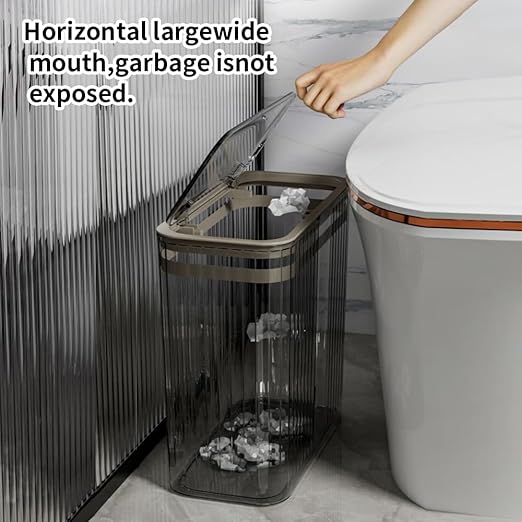 Transparent Trash Can, Bathroom Trash Cans with Lids, 3.5 Gallon Garbage Can for Bedroom, Office, Plastic Slim Waste Basket with Press Top Lid, 15L Clear Trash Bin for Home, Kitchen (Gray)