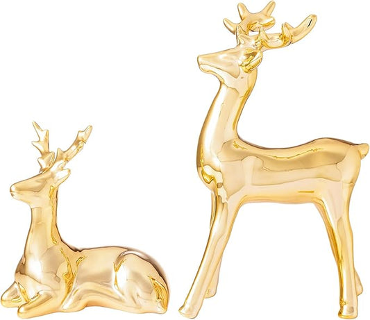 WDS WONDROUS Christmas Decorations Reindeer Figurines, Gold Set of 2 Ceramic Reindeer Statues Xmas Decor Indoor, Christmas Deer Figurines, Deer Decor for Tabletop Home Bedroom Winter Living Room