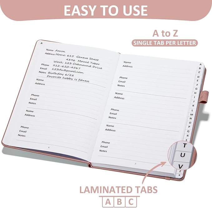 Address Book with Individual Alphabetical Tabs Laminated, Large Print Address Book with 468 Wide Lining Entry Spaces, Change of Address Labels, Hardcover Address Book 5.7 x 8.5" - Rose Gold