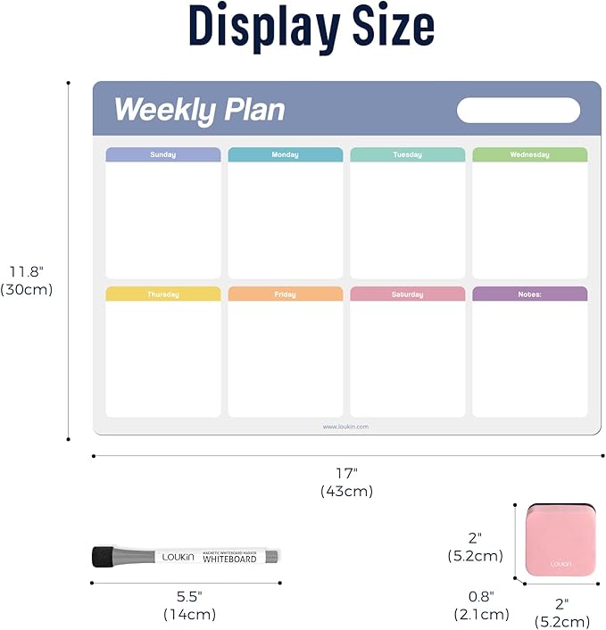 Loukin 17"x11.8" Weekly Dry Erase Calendar 2 Pack, Electrostatic Adsorption Whiteboard Planner, Reusable Schedule Organizer for Office, Classroom, Refrigerator, 6 Markers & 1 Eraser Included