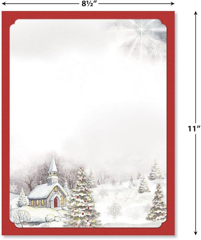 Snowy Church Holiday Letter Paper - Set of 25 Christmas stationery papers are 8 1/2" x 11", compatible computer paper