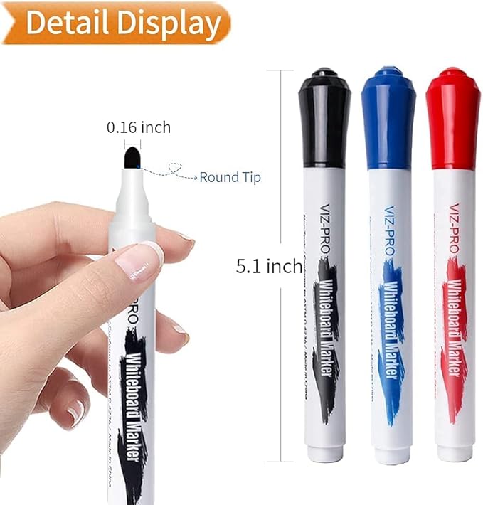 VIZ-PRO Dry Erase Markers Fine Bullet Tip, 3 Assorted Colors, 144 Pcs Low-Odor Whiteboard Pens