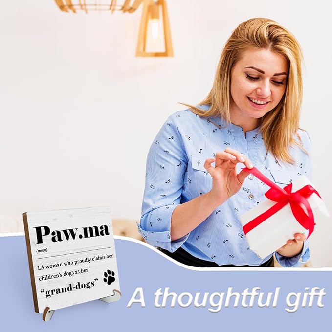 Paw Ma Definition Dog Mom Wood Sign Desk Decor Funny Rustic Office Cubicle Decor Plaque with Wooden Stand Farmhouse Desk Accessories for Home Table Shelf Tiered Tray Pet Dog Lover Gifts