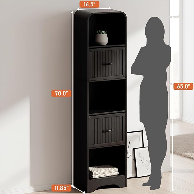 70" Tall Arched Bookcase and Book Shelf, Narrow Bookshelf with Drawers, Modern Wooden Bookshelves w/Adjustable 2 Bins Storage, Skinny bookshelf w/Open Display Shelves for Living Room, Office, Black