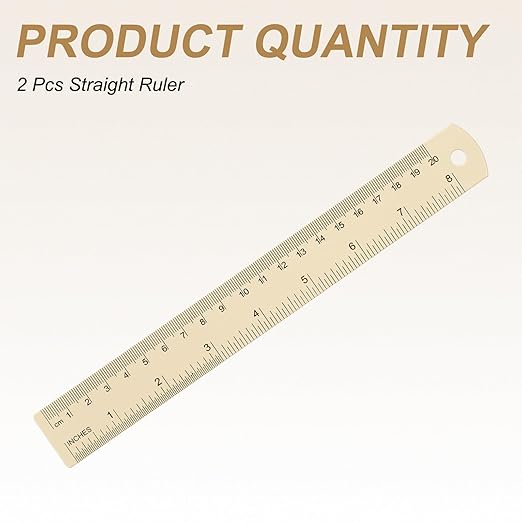 HARFINGTON 2pcs Metal Straight Ruler 20cm Metric SAE Aluminum Alloy Measuring Rulers Scale Tool with Hole for Measure Study Reading Classroom Office, Beige