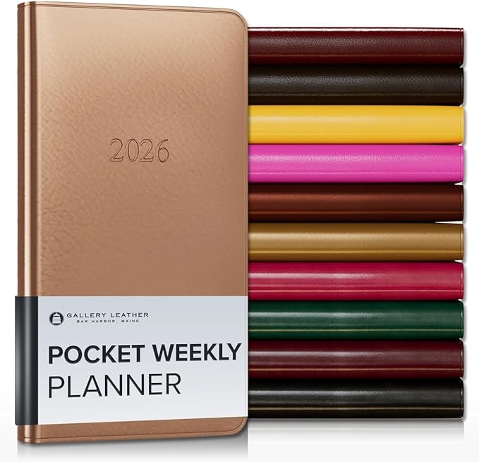 Gallery Leather Pocket Weekly Monthly Planner 2025-2026, Elegantly Bound Calendar Planner and Notebook with Stylish Gold-Gilded Page Edges, 12 Months - Freeport Metallic Rose Gold - 6 x 3.25 "