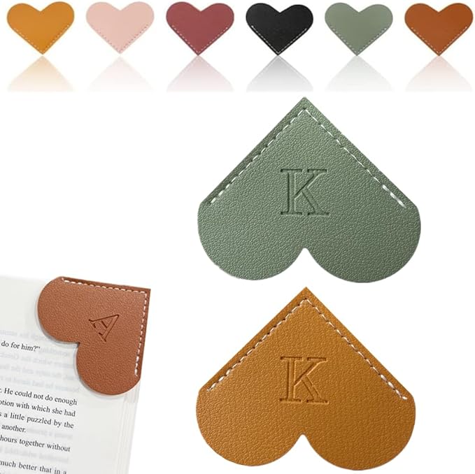 Personalized Leather Heart Bookmark, 26 Letters Customized Corner Book Mark for Reading Women, Book Marker with Initials，Cute Gifts (Green+Light Brown, K)