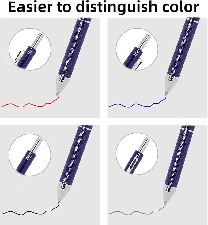 4-in-1 Four-Color Multifunctional Pen, Black/Red/Blue Ballpoint Pen and 0.5mm Mechanical Pencil, Metal Case Pen, Great Gift for Friends, Loved Ones (Blue)