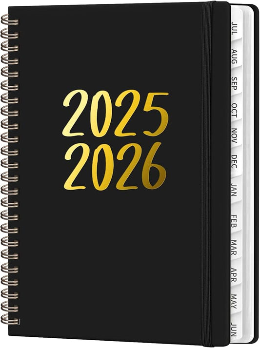 Planner 2025-2026, July 2025 - June 2026 Daily Weekly and Monthly Calendar Planner Book with Tabs, Notes Pages, Inner Pocket, Spiral Schedule Agenda A5, Back to School Supplies for School, College, Work-BLACK