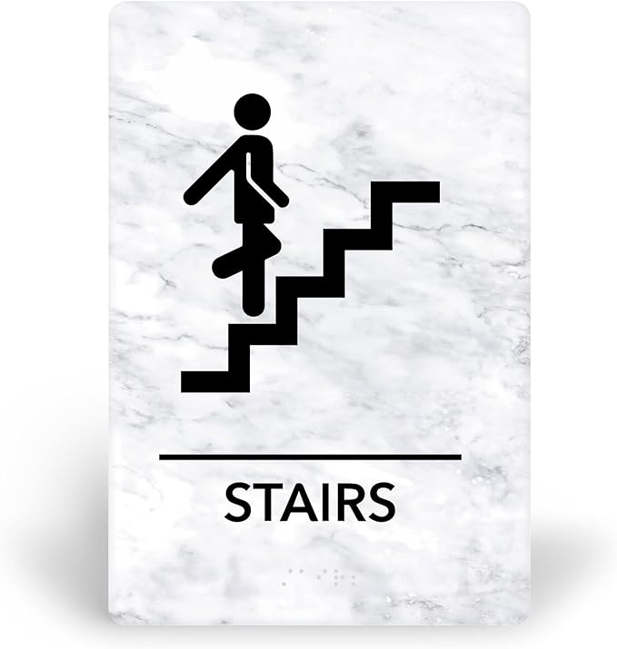 Promot Stair Sign – ADA Braille Stairway Sign for Business, Self-Adhesive, 9" x 6", Commercial Door Signage, Office Wall Decor - Marble White