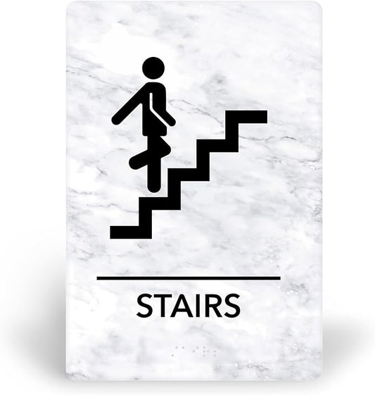 Promot Stair Sign – ADA Braille Stairway Sign for Business, Self-Adhesive, 9" x 6", Commercial Door Signage, Office Wall Decor - Marble White