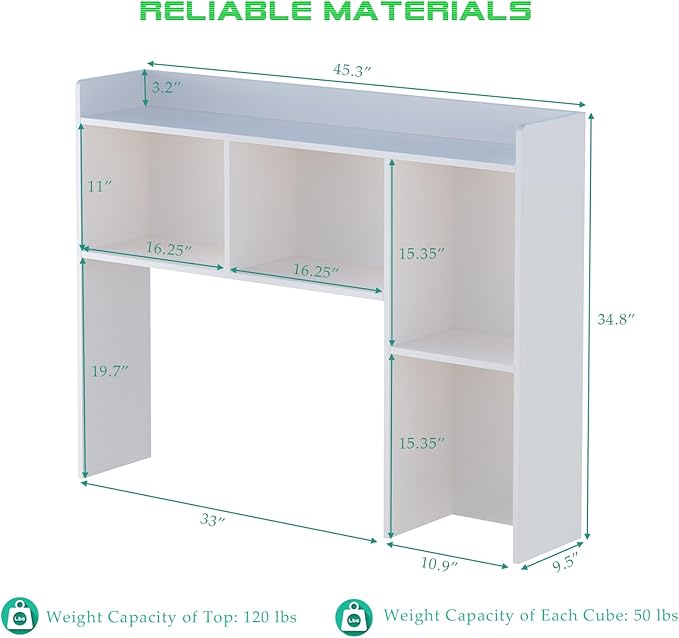 Wooden Desktop Hutch Bookshelf - Free Standing Desk Storage Shelf with Top Edge for Computer Desk, Desktop Bookcase for Dorm, Home or Office, Countertop Organizer, White, 45.3"