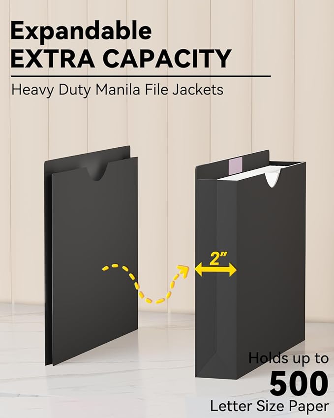 ANSOOK 2 Inch Plastic File Jackets, Manila File Folders Letter Size, Heavy Duty Expanding File Folders, Expansion Pocket, Reinforced Straight Cut Tab, 12 Pack, Black Folders for Office School Home
