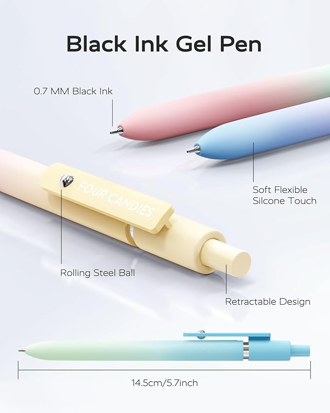 Four Candies Gel Pens, 5 Pcs 0.7mm Quick Dry Black Ink Pen Fine Point Smooth Writing Unique Pen, Office Home School Supplies Essentials Fun Pretty Cute Pens Gifts for Girl Women(Gradient)