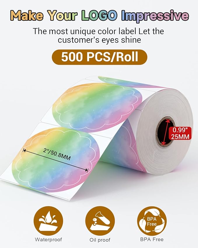 Phomemo Rainbow 2" Color Thermal Labels Roll for 4X6 Thermal Printer for Small Business Supplies, Commercial Grade Thermal Labels for Custom Stickers Personalized & Business Logo, 500pcs / Roll