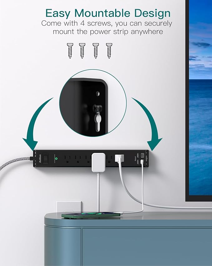 Extension Cord with Multiple Outlets 10 Ft - Power Strips with Surge Protection, Flat Plug with 6 AC Outlets 4 USB (2 USB-C Ports), Wall Mount Outlet Extender for Home Office Dorm Room Essentials