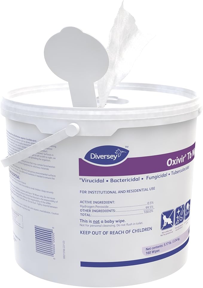 Oxivir Diversey Tb 5627427 Ready-to-Use Disinfectant Cleaning Wipes, Accelerated Hydrogen Peroxide, 11x12-Inch Extra Large Sheets, 160-Wipes, 1-Bucket
