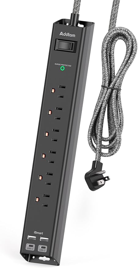 Surge Protector Power Strip - Extension Cord with Addtam 6 AC Outlets 4 USB (2 USB-C Ports), 1875W/15A, Flat Plug with Overload Surge Protection, Outlet Extender for Home Office Dorm Room Essentials