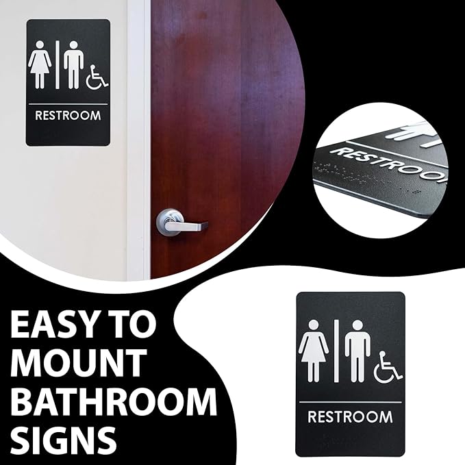 USA Made - Men's and Women's Restroom Signs ADA-Compliant Bathroom Door Signs for Offices, Businesses, and Restaurants, Black, Blue, Grey and Taupe/Tan Colors (Black Handi-Unisex)