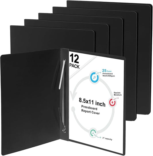 gisgfim 12 Pcs 8.5 X 11'' Pressboard Report Cover 3" Capacity Prong Clip Report Cover Metal Prong Fastener with Compressor Letter Size Presentation Report Folder for Bind Proposal Document
